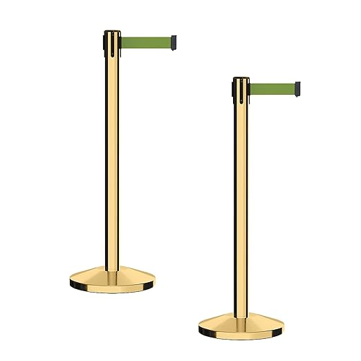CCW Series RBB-100 - Set of 2 Stanchion Retractable Belt Barriers (9 Foot Belt, Olive Belt with Polished Brass Post)