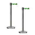 CCW Series RBB-100 - Set of 2 Stanchion Retractable Belt Barriers (9 Foot Belt, Green and White Diagonal Belt with Satin Stainless Steel Post)
