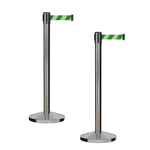 CCW Series RBB-100 - Set of 2 Stanchion Retractable Belt Barriers (7.5 Foot Belt, Green and White Diagonal Belt with Satin Stainless Steel Post)