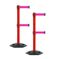 Montour Line MSR630D Set of 2 Retractable Belt Barrier Stanchion, Heavy-Duty Rubber Base, Red Post (11 ft Fluorescent Pink Dual Belt)