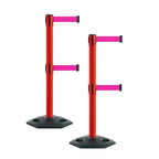 Montour Line MSR630D Set of 2 Retractable Belt Barrier Stanchion, Heavy-Duty Rubber Base, Red Post (11 ft Fluorescent Pink Dual Belt)
