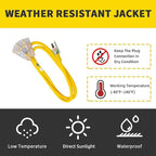 3-Outlets Indoor Outdoor Extension Cord Weatherproof with Lighted End, UL Listed, 10 Gauge 12FT Yellow 3 Prong Heavy Duty, 10/3 SJTW 15A Extension Cord