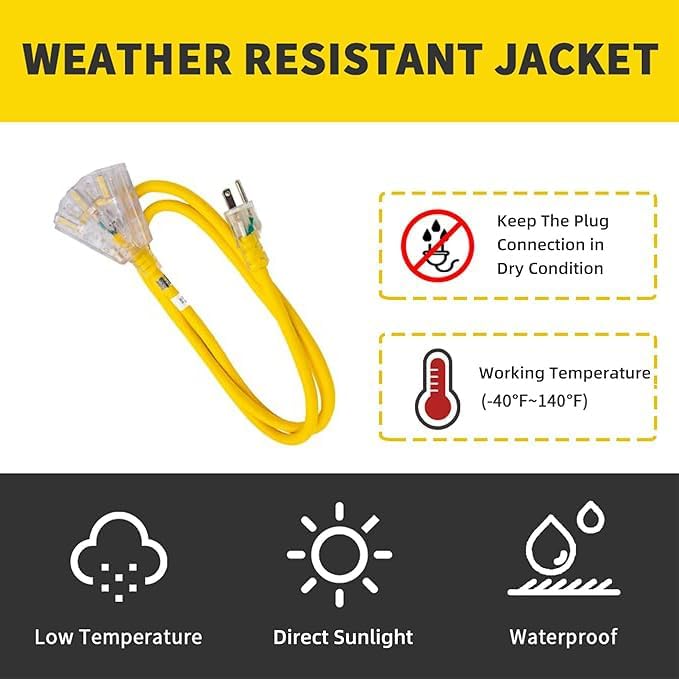 3-Outlets Indoor Outdoor Extension Cord Weatherproof with Lighted End, UL Listed, 10 Gauge 12FT Yellow 3 Prong Heavy Duty, 10/3 SJTW 15A Extension Cord