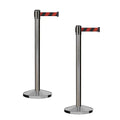 CCW Series RBB-100 - Set of 2 Stanchion Retractable Belt Barriers (7.5 Foot Belt, Black and Red Diagonal Belt with Satin Stainless Steel Post)