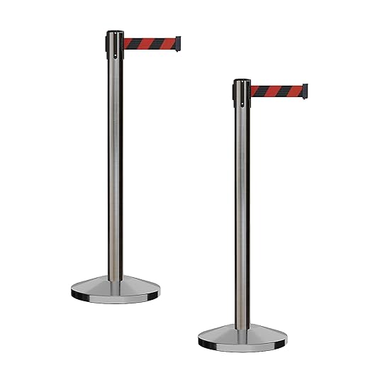 CCW Series RBB-100 - Set of 2 Stanchion Retractable Belt Barriers (9 Foot Belt, Black and Red Diagonal Belt with Satin Stainless Steel Post)