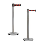 CCW Series RBB-100 - Set of 2 Stanchion Retractable Belt Barriers (9 Foot Belt, Black and Red Diagonal Belt with Satin Stainless Steel Post)