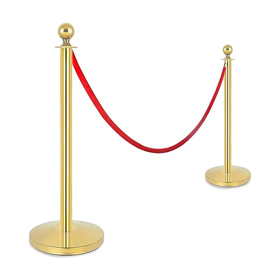 2Pack Stainless Steel Stanchion Posts 9.8ft Red Velvet Rope Suitable for theaters, stadiums and Other venues Easy to Install Gold