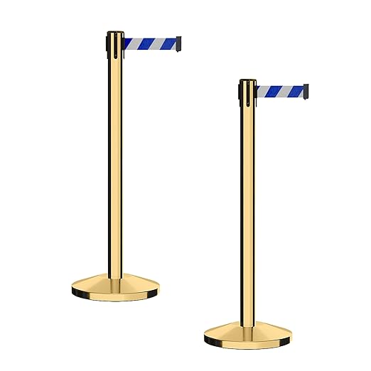 CCW Series RBB-100 - Set of 2 Stanchion Retractable Belt Barriers (7.5 Foot Belt, Blue and White Diagonal Belt with Polished Brass Post)