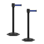 Montour Line MSR760 Set of 2 Retractable Belt Barrier Stanchion, Rubber Base, Black Powder Coated Post (35 ft Black with Horizontal Blue Stripe Belt)