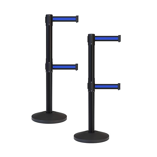 Crowd Control Warehouse CCW Series RBB-100D Set of 2 Stanchion Retractable Belt Barriers - Sloped Base, 9 Foot, Black with Horizontal Blue Stripe Dual Belt with Black Post - Easy Assembly