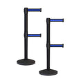 Crowd Control Warehouse CCW Series RBB-100D Set of 2 Stanchion Retractable Belt Barriers - Sloped Base, 7.5 Foot, Black with Horizontal Blue Stripe Dual Belt with Black Post - Easy Assembly