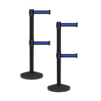 Crowd Control Warehouse CCW Series RBB-100D Set of 2 Stanchion Retractable Belt Barriers - Sloped Base, 7.5 Foot, Black with Horizontal Blue Stripe Dual Belt with Black Post - Easy Assembly