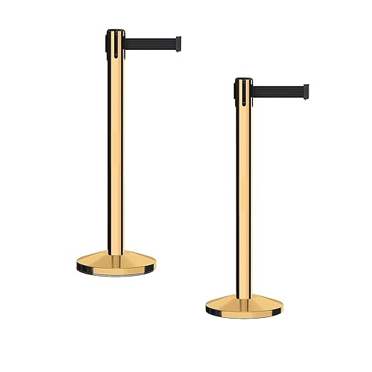 Crowd Control Warehouse CCW Series RBB-150 - Set of 2 Stanchion Retractable Belt Barriers - 16 Foot, Black Belt with Polished Brass Steel Post - Easy Assembly