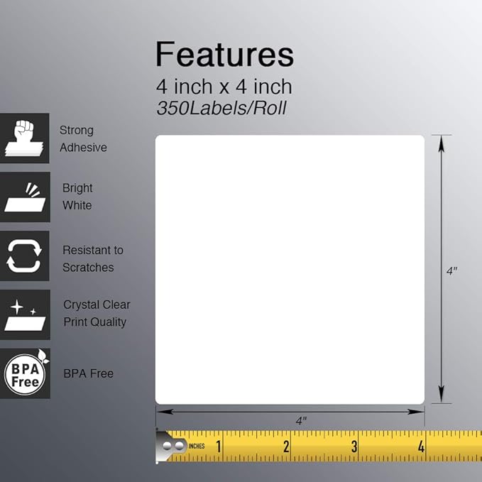 BETCKEY - 4" x 4" (102 mm x 102 mm) Shipping & Large Square Labels Compatible with Zebra & Rollo Label Printer,Premium Adhesive & Perforated [6 Rolls, 2100 Labels]