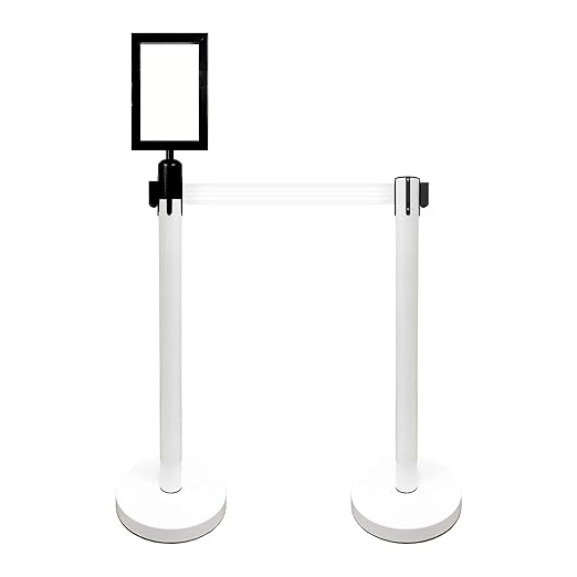VIP Crowd Control Retractable Belt Stanchion Queue Safety Barrier Set, 36" Ht, 78" Belt + Wall Bracket (6 WHT Posts WHT Belt + SFrame + WBracket)