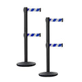 Crowd Control Warehouse CCW Set of 2 Dual Retractable Belt Barrier Stanchion, Cast Iron Base Black Post, IRBB-100D (11 Belt, Blue and White Diagonal Belt)