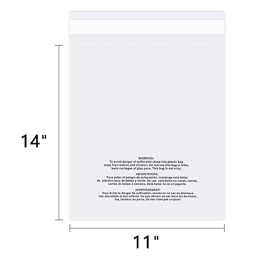 iMailer - 100 Count - 11" x 14" Clear Plastic Poly Bags with Suffocation Warning for Prints, Photos, Documents, Clothing, T-Shirt - Resealable Adhesive,Not Strong