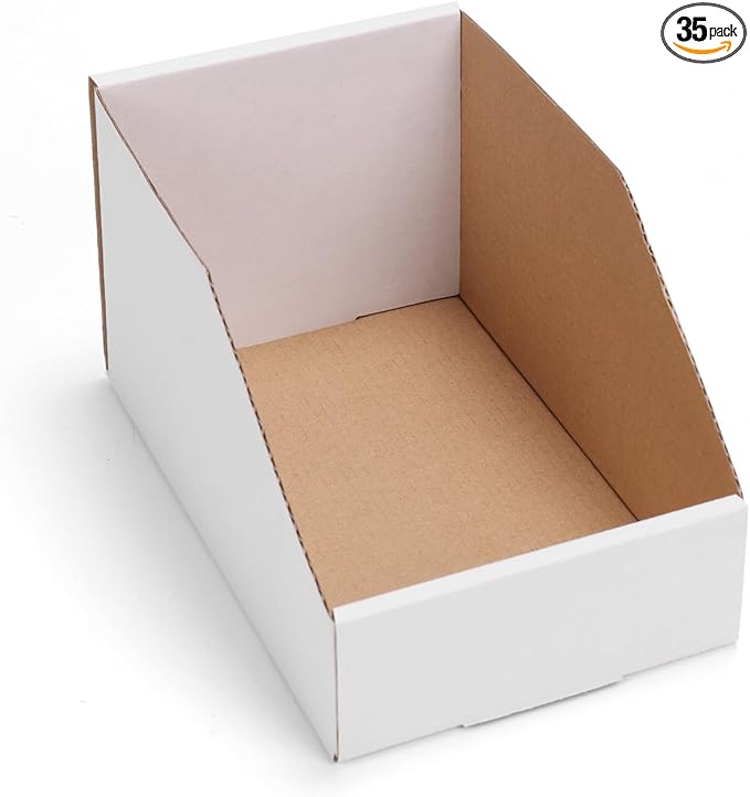 EXYGLO Cardboard Storage Bins 35 Pack, 9.4x4x4.5 Inch Cardboard Boxes, Corrugated Organizer Bins for Pantry, Shelves, Garage, Office, Shop, White