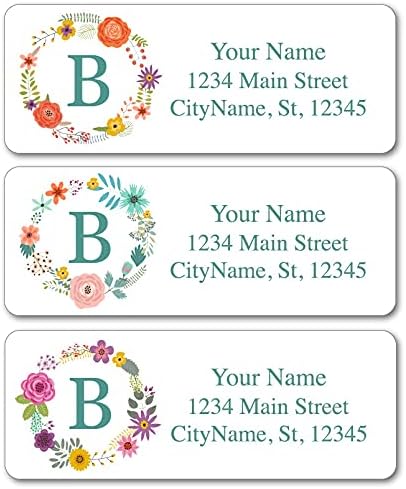 Personalized Address Labels - Monogram with Flowers (Floral Wreaths) - 30 Custom Self-Adhesive Stickers