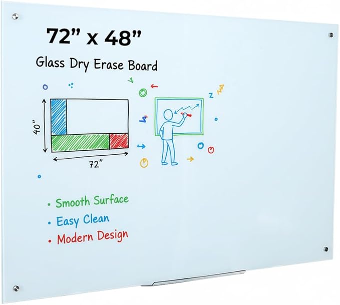 Dex Board 72" x 48" Large Glass Whiteboard Frameless Tempered Glass Dry Erase Board with Marker Tray for Interactive Office, Wall Mounted Frosted Glass Whiteboard