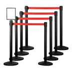 Qbuster Black Stanchions with Retractable Belts, Crowd Control Safety Barrier with 11’ Red Belts, 1 Sign Holder, Set of 8 Posts