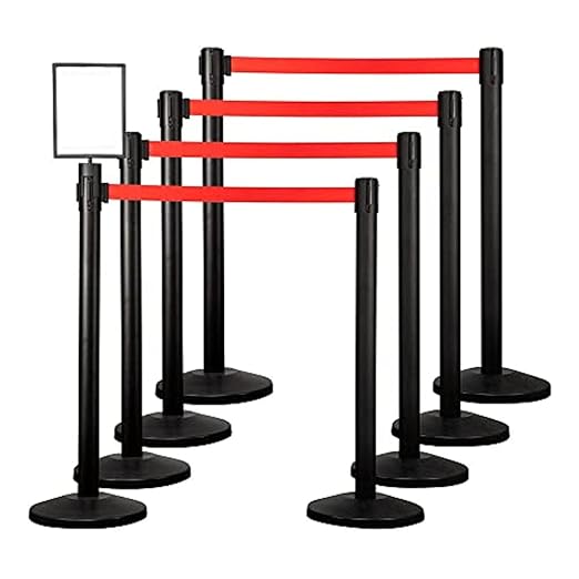 Qbuster Black Stanchions with Retractable Belts, Crowd Control Safety Barrier with 11’ Red Belts, 1 Sign Holder, Set of 8 Posts