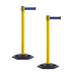Crowd Control Warehouse CCW Series WBB-200 - Set of 2 Stanchion Retractable Belt Barriers - 11 Foot, Black Horizontal Blue Stripe Belt with Yellow Post - Easy Assembly