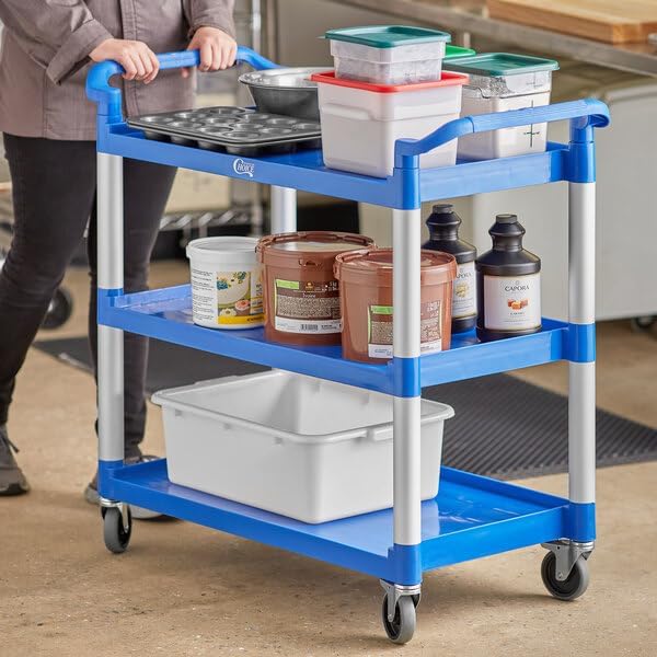 Blue Plastic Utility Cart with 3 Shelves, 42 x 20 Inches, 450 lb Capacity, Swivel Casters, for Restaurant Bussing and Commercial Use