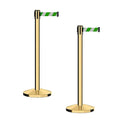 CCW Series RBB-100 - Set of 2 Stanchion Retractable Belt Barriers (7.5 Foot Belt, Green and White Diagonal Belt with Polished Brass Post)