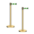 CCW Series RBB-100 - Set of 2 Stanchion Retractable Belt Barriers (7.5 Foot Belt, Green and White Diagonal Belt with Polished Brass Post)