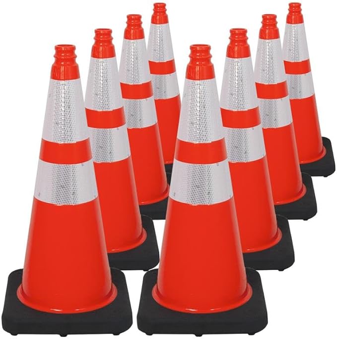 Brimar 28 Inch Traffic Cones, 8 Pack, Orange PVC Safety Cones with Black Base for Construction, Road Parking, MUTCD Approved Traffic Cones with 3M Reflective Bands, Structurally Stable Wearproof