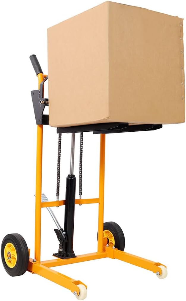 Manual Hydraulic Lift Stacker, 440 lb Capacity Pallet Jack Dolly with 35.5" Lift Height, 20" Forks, All-Steel Frame, Large Rear Rubber Tires & Swivel Casters for Warehouse, Shop & Material Handling