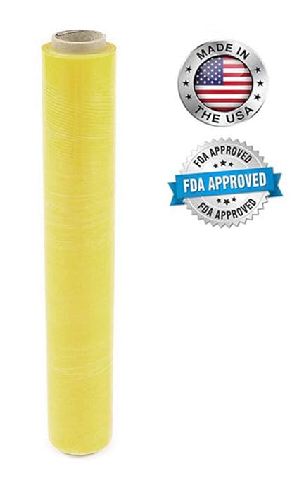 APQ 4 Rolls of Blown Hand Stretch Film 18" x 1500'. Yellow Hand Stretch Wrap, 80 Gauge. Tear Resistant Residue Free Film for Moving, Shipping, Wrapping. Industrial Grade Pallet Shrink Wrap Film.