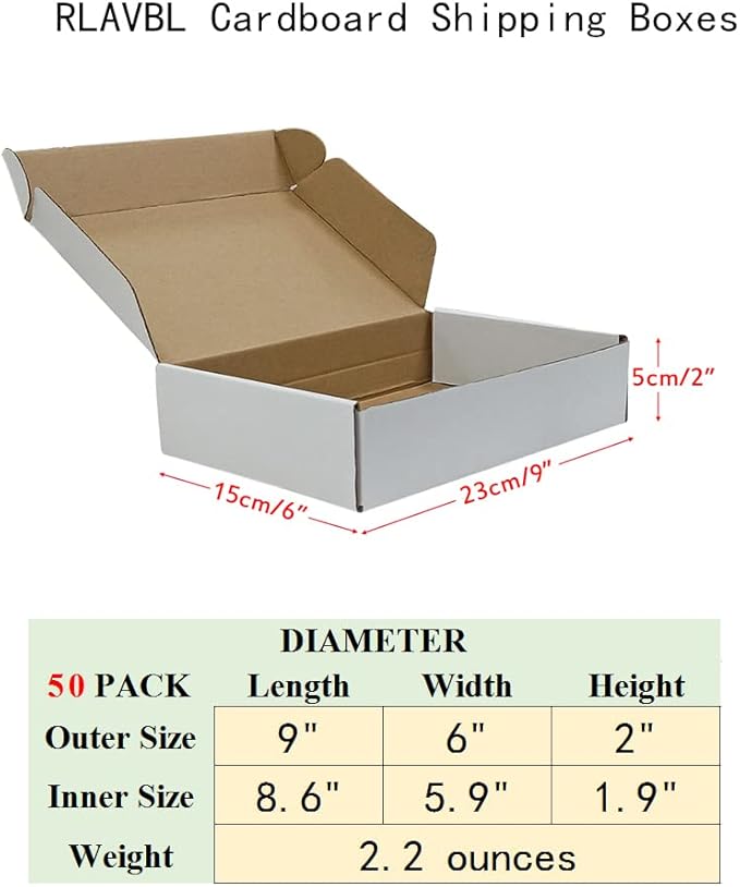 RLAVBL 9x6x2 Shipping Boxes Set of 50, White Small Corrugated Cardboard Box, Mailer Box