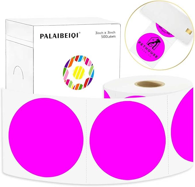 3 X 3 Inch Round Thermal Labels Circle Color Coding Labels Printable Waterproof 500PCS Round Stickers Adhesive Writable for Office, Home, Garage, DIY Sticker, Name Tag,Fluorescent Purple