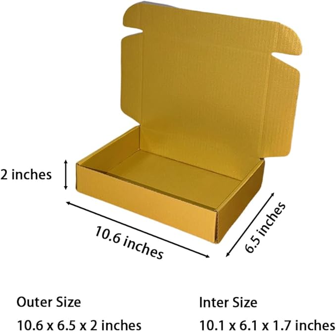 50 Pcs 10.6 x 6.5 x 2 inches Shipping Boxes for Small Business Cardboard Corrugated Mailer Boxes for Shipping Packaging Holidays Craft Gifts Giving Products (Gold, 10.6 x 6.5 x 2")