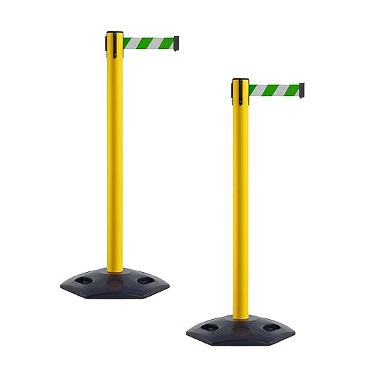 CCW Series WBB-200 Set of 2 Outdoor Safety Rubber Base Stanchion Retractable Belt Barriers - Easy to Assemble, No Tools Required (11 Foot Belt, Green and White Diagonal Belt with Yellow Post)