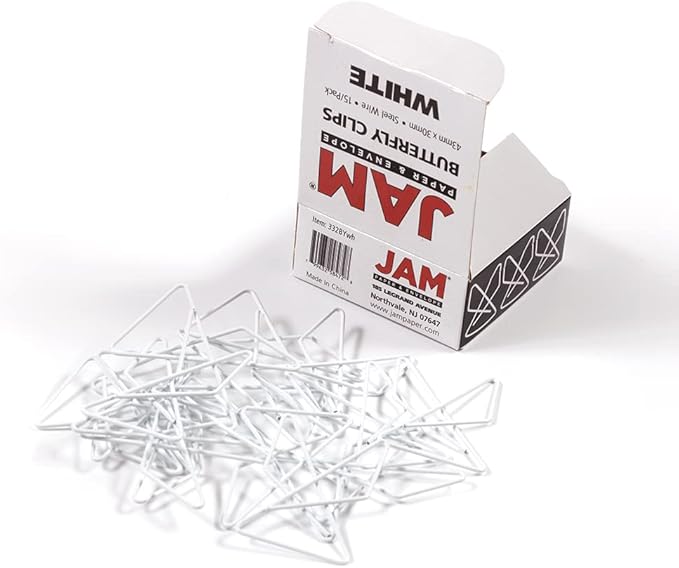 JAM PAPER Colorful Butterfly Clips - White Paper Clamps - 15/Pack