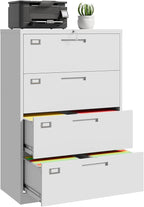 File Cabinet 4 Drawer, Lateral Filing Cabinet with Lock, Metal File Cabinets for Home Office, Office Cabinet for Hanging Files Letter/Legal/F4/A4, Assembly Required, White