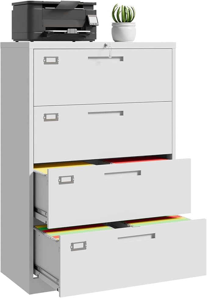 File Cabinet 4 Drawer, Lateral Filing Cabinet with Lock, Metal File Cabinets for Home Office, Office Cabinet for Hanging Files Letter/Legal/F4/A4, Assembly Required, White
