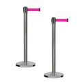 CCW Series RBB-100 - Set of 2 Stanchion Retractable Belt Barriers (11 Foot Belt, Fluorescent Pink Belt with Satin Stainless Steel Post)