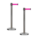 CCW Series RBB-100 - Set of 2 Stanchion Retractable Belt Barriers (11 Foot Belt, Fluorescent Pink Belt with Satin Stainless Steel Post)