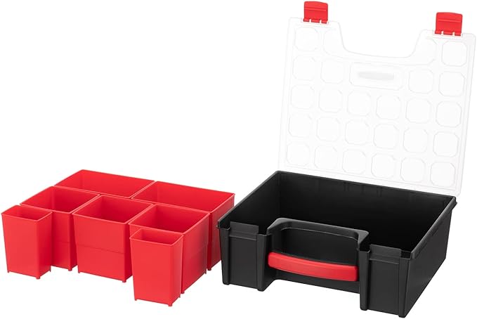 INTERTOOL Hardware Organizer with 7 Deep Removable Bins - Small Parts Storage Tool Box for Nuts, Bolts, Screws, Nails - Portable Handle Transparent Lid with Locks BX08-4032