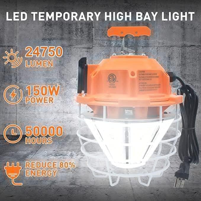NS 150W LED Temporary Work Light, 24750LM Linkable Daylight White 5,000K Portable Hanging Lamp Jobsite Lighting Stainless Steel Protective Cover for Outdoor Construction High Bay Warehouse