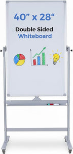 Double-Sided 40" x 28" Mobile Whiteboard with Wheels | Rolling Magnetic Dry Erase Board on Stand | Adjustable Height Silver Frame White Board for Office, Classroom & Home