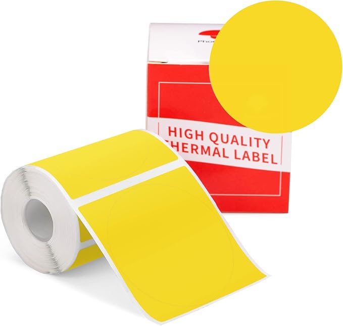 Phomemo Circle Labels for M110/M110S/M120/M200/M220 Label Maker, 1.96" x 1.96"（50x50 mm） Round Thermal Label for Barcode Labels, DIY Logo Design, Black on Yellow
