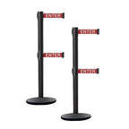 Crowd Control Warehouse CCW Set of 2 Dual Retractable Belt Barrier Stanchion, Cast Iron Base Black Post, IRBB-100D (7.5 Belt, Red with"Caution - DO NOT Enter" White Letters Belt)
