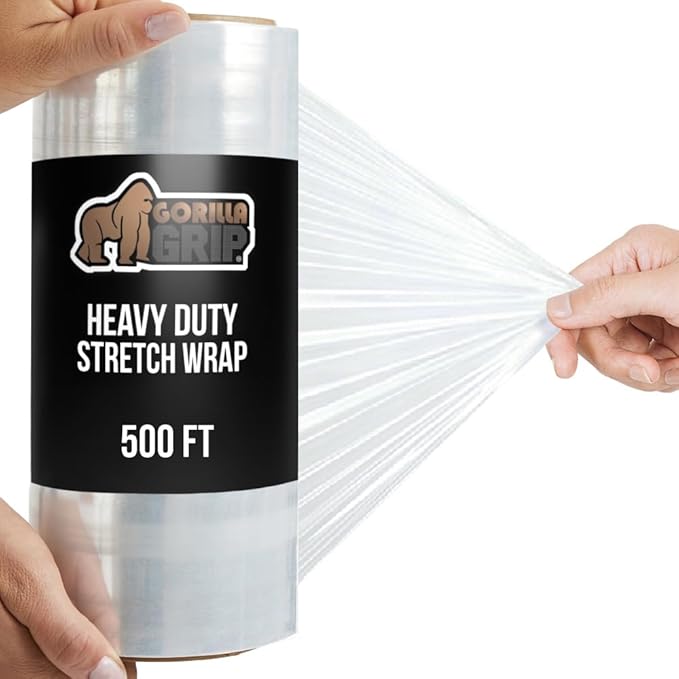GORILLA GRIP 500% Stretch Film Heavy Duty Plastic, 500ft Shrink Wrap Roll 10" Puncture Resistant, Industrial Strength for Shipping, Pallet Storing, Moving, Packing Furniture Protection 1 Pack Clear