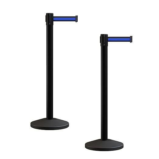Crowd Control Warehouse CCW Series RBB-100 - Set of 2 Stanchion Retractable Belt Barriers - 7.5 Foot, Black Horizontal Blue Stripe Belt with Black Post - Easy Assembly