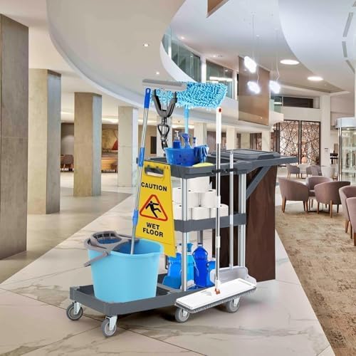 Heavy-Duty Janitorial Cleaning Cart with Wheels, 3-Shelf Rolling Housekeeping Trolley with 16-Gallon Trash Bag – 220 Lb Capacity Utility Cart for Hotels, Schools, Offices & Apartments